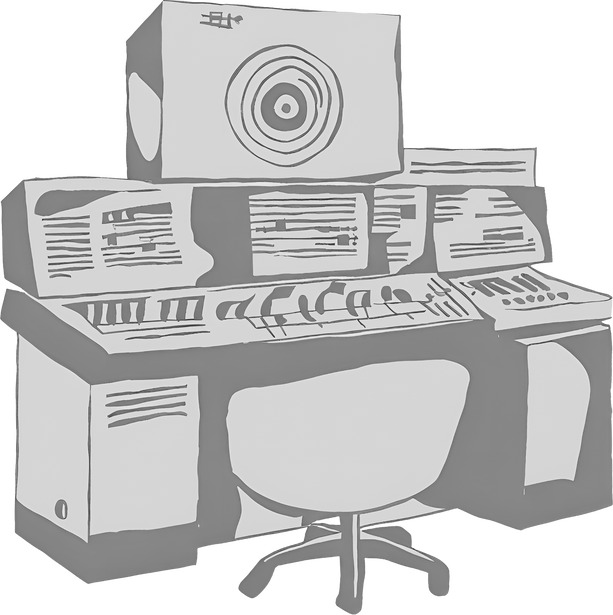 A black and white drawing of a recording console.