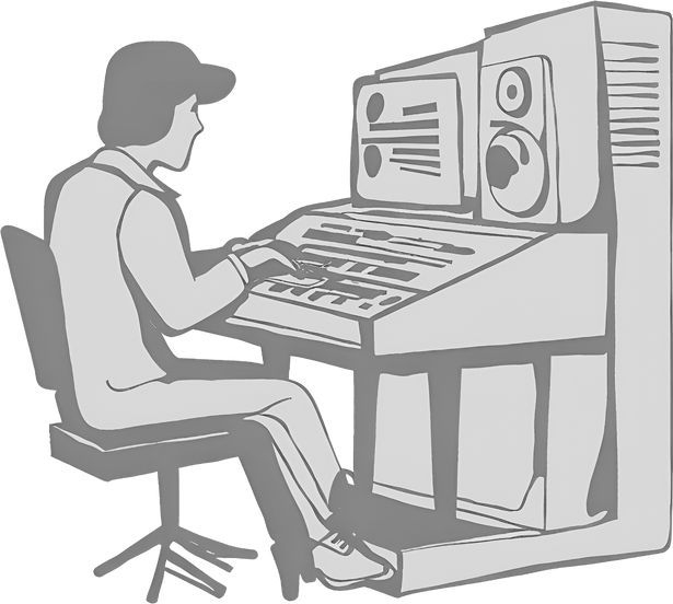An illustration of a person sitting at a keyboard, writing music.